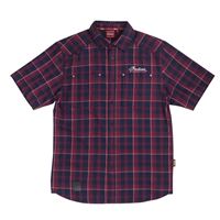 Men's Short-Sleeve Button Down Plaid Flannel Shirt with Embroidered Logo, Red/Navy