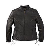 Women's Studded Leather Adeline Riding Jacket with Decorative Lace Details, Black